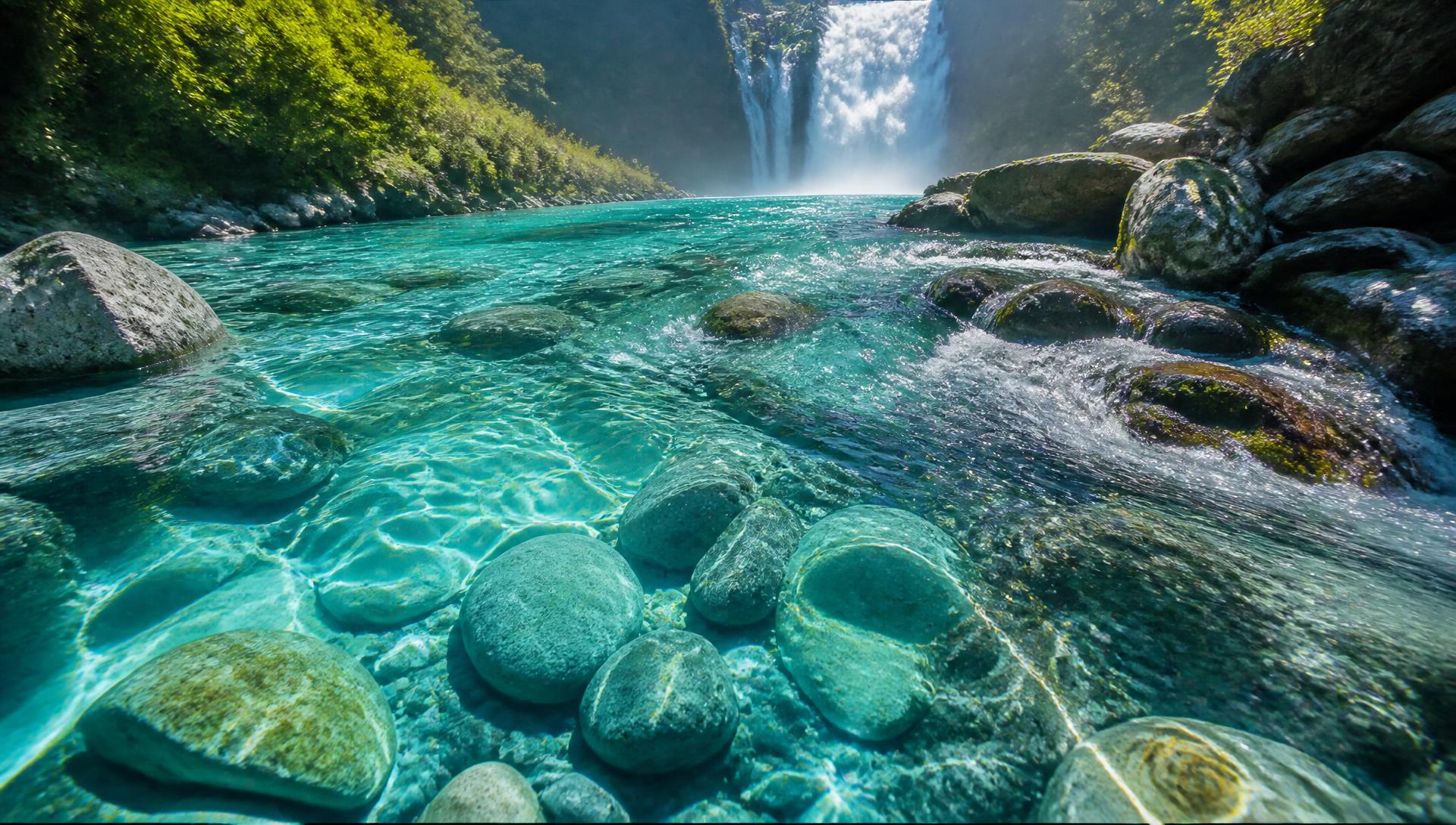 Crystal-clear river flowing over stones toward a waterfall in bright daylight